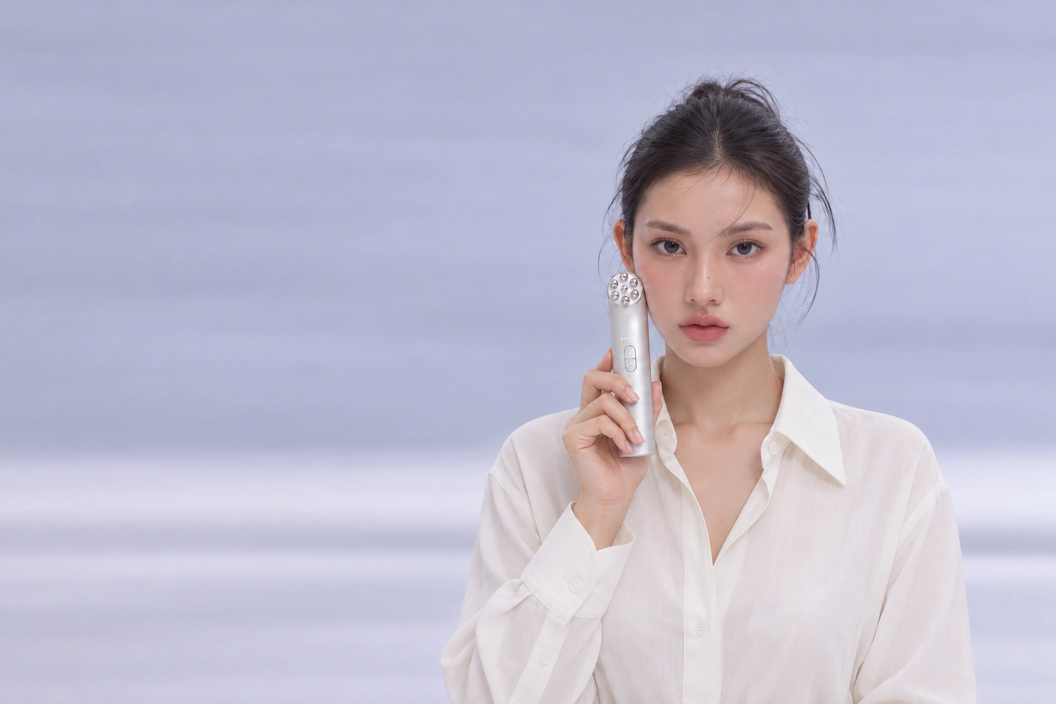 옅은 실버·라벤더 배경에서 무광 LIFTICA 3RF 한 대를 든 여성의 정면 상반신 연출 이미지. 머리 전체와 자연스러운 피부 결, 뒤로 정돈한 헤어스타일을 볼 수 있습니다.